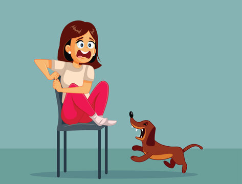Scared Woman Having Irrational Fear of Dogs Vector Cartoon illustration. Stressed person feeling panicked and terrified of aggressive puppy

