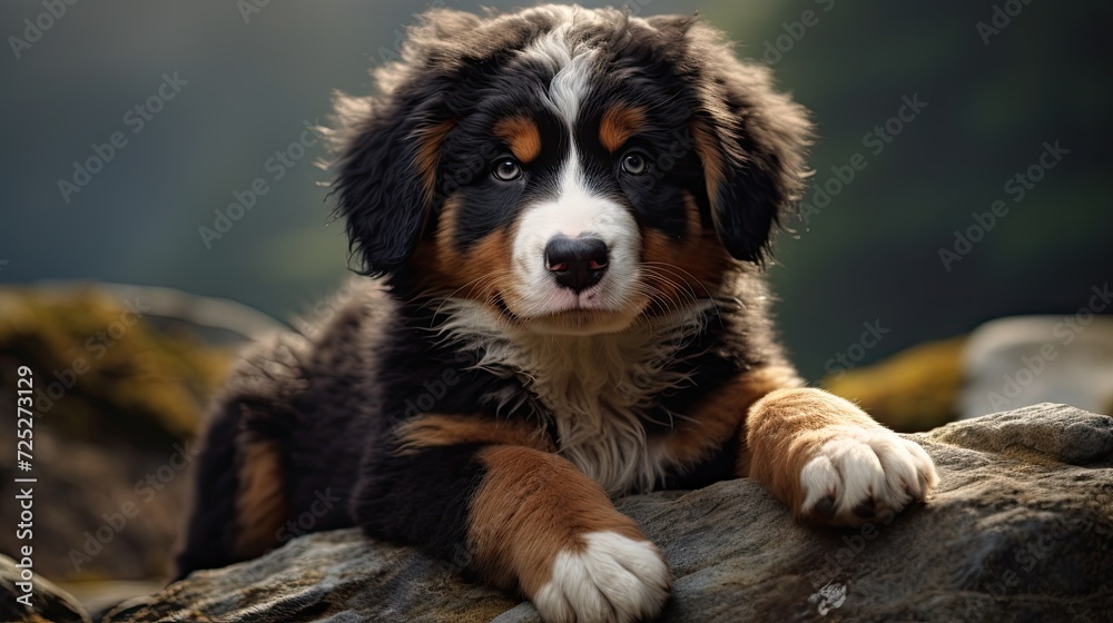 Sticker A fluffy Bernese mountain dog pup with big paws and a heartwarming gaze.