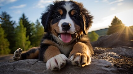 A fluffy Bernese mountain dog pup with big paws and a heartwarming gaze.