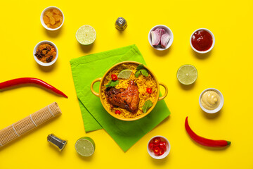 Bowl of traditional chicken biryani with ingredients on yellow background