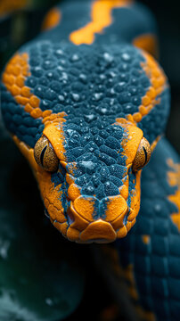 Deadly snake looking into the camera. Exotic snake look at you. Snake eyes. Reptile predator. Aggressive snake face close up. Beautiful abstract wallpaper