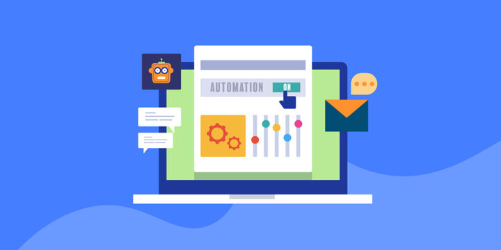 Business intelligence and marketing automation software with ai technology managing chatbot message, customer data, email communication conceptual vector illustration.