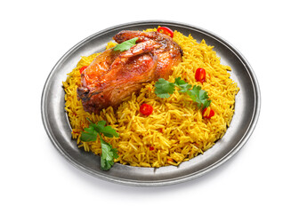 Plate of traditional chicken biryani isolated on white background