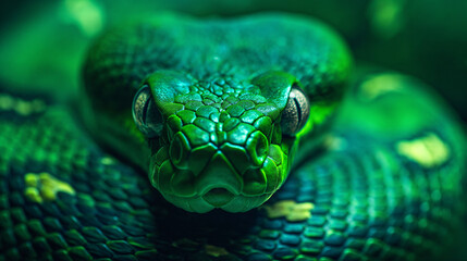 Deadly snake looking into the camera. Exotic snake look at you. Snake eyes. Reptile predator. Aggressive snake face close up. Beautiful abstract wallpaper - obrazy, fototapety, plakaty
