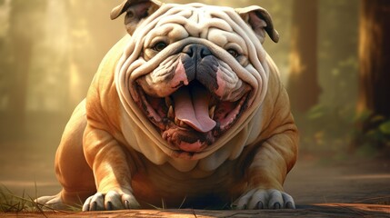 A chubby bulldog with a goofy grin and a tongue sticking out. - obrazy, fototapety, plakaty