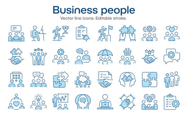 Business people icons, such as team, partnership, workshop, employee, career and more. Vector illustration isolated on white. Editable stroke. Change to any size and any color. - 725273525