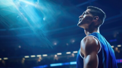Fototapeta na wymiar Male basketball player with cinematic blue lighting in stadium, side view of basketball player.