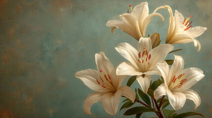 Fototapeta na wymiar Vintage Lilies Bloom Elegantly Against a Textured Pastel Background