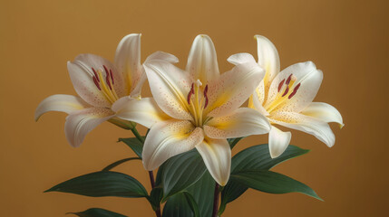 Fototapeta na wymiar Stunning White and Yellow Lilies Close-Up on Warm Yellow Background