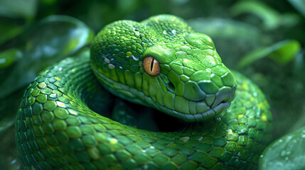 Fototapeta premium Deadly snake looking into the camera. Exotic snake look at you. Snake eyes. Reptile predator. Aggressive snake face close up. Beautiful abstract wallpaper
