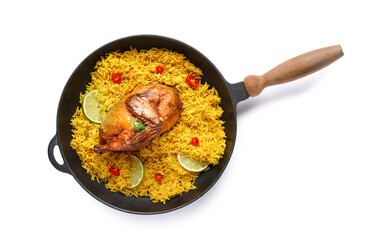 Frying pan of traditional chicken biryani isolated on white background