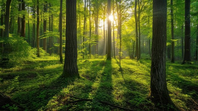  the sun shines through the trees in a forest filled with lush green grass and tall, tall, skinny trees.