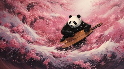 A panda surfer riding waves made of blooming cherry blossom petals.