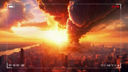 Dramatic cinematic scene of a huge explosion over a city skyline at sunset, depicted as a video recording with overlay graphics