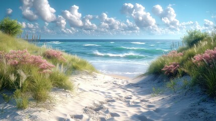  a painting of a sandy path leading to the ocean with pink flowers in the foreground and a blue sky with clouds in the background.