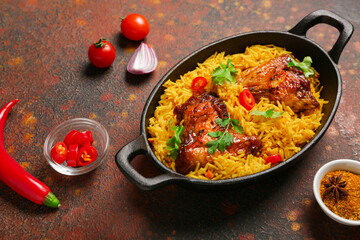 Baking dish of traditional chicken biryani with ingredients on grunge background