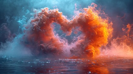  a bunch of orange and blue smoke coming out of the water in the middle of a body of water with a blue sky in the background.