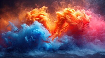  a group of colorful smokes floating in the air on top of a blue and red body of water in front of a black background.