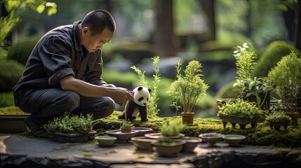 A panda gardener arranging mini bamboo bonsai trees.