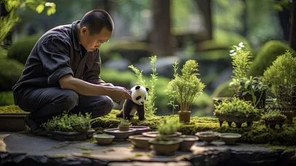 Fotobehang A panda gardener arranging mini bamboo bonsai trees. © Galib