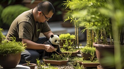 A panda gardener arranging mini bamboo bonsai trees.