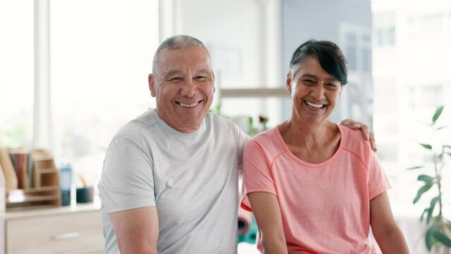Love, smile and senior couple laughing in home for health, confidence or retirement together. Fitness, exercise or workout with elderly man and woman happy in apartment for wellness or training
