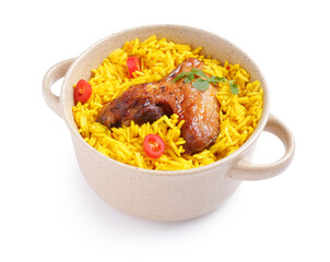 Bowl of traditional chicken biryani on white background