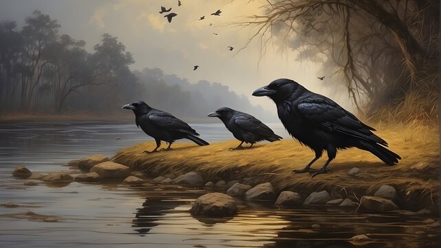 The crow on thy bank of lake with trees