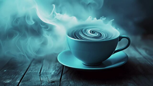 Blue-toned image of a steaming cup of coffee with a swirling pattern on a rustic wooden surface, ideal for concepts of morning or warm beverages