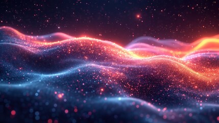 Obraz premium a computer generated image of a wave of light in the night sky with stars and a bright light in the middle of the wave.