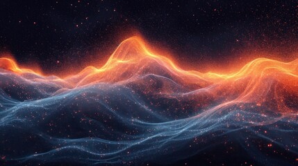  a computer generated image of a mountain range with orange and blue swirls and stars in the sky above it.