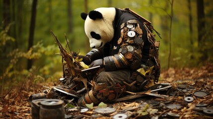 A panda artist sculpting bamboo-themed creations from clay.
