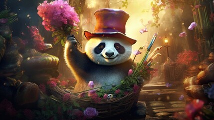 A joyful panda magician conjuring an array of colorful flowers from bamboo.