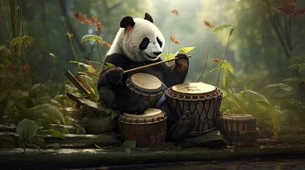 Foto op Plexiglas A panda musician playing bamboo drums, setting a rhythmic beat. © Galib