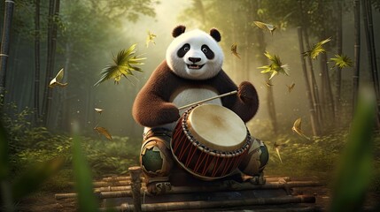 A panda musician playing bamboo drums, setting a rhythmic beat.