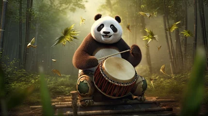 Foto op Canvas A panda musician playing bamboo drums, setting a rhythmic beat. © Galib