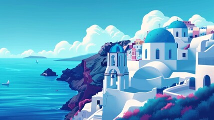  a painting of a blue and white town on a cliff overlooking the ocean with a sailboat in the water. - obrazy, fototapety, plakaty