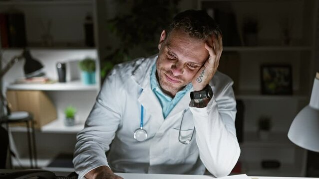 Tired hispanic man in lab coat yawning at his hospital workstation, reflecting exhaustion and long work hours.