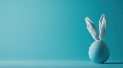  a blue egg with a white rabbit's head sticking out of it's side on a blue background.