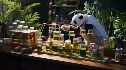 A curious panda scientist conducting experiments with mini bamboo lab equipment.