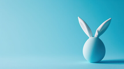  a blue easter egg with a white bunny's head sticking out of it's side on a blue background.