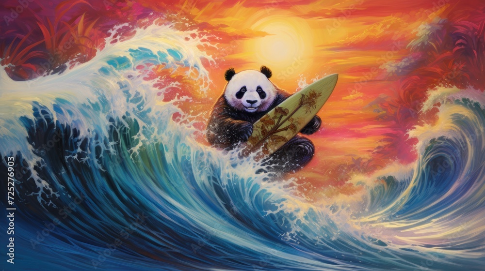 Poster A panda surfer riding waves of vibrant colors and bamboo leaves in a dreamy seascape.