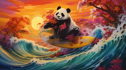 A panda surfer riding waves of vibrant colors and bamboo leaves in a dreamy seascape.