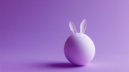  a white egg with a bunny's ears sticking out of it's side on a purple background with a shadow.