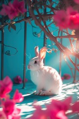  a white rabbit sitting in the middle of a room with pink flowers on the floor and a blue wall behind it.