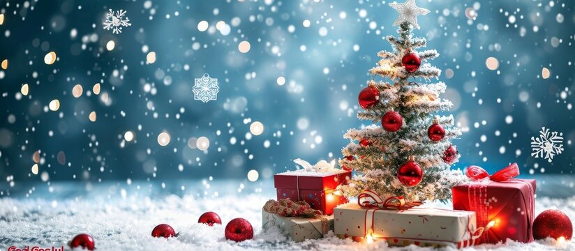 Tree adorned with presents, snowflakes, bokeh lights; "God Jul" equals Merry Christmas.