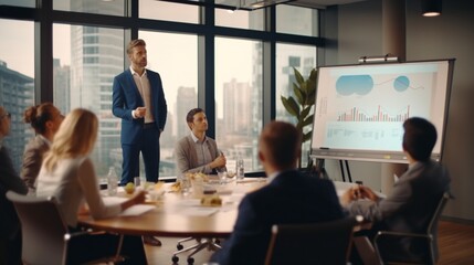 A business consultant presenting a strategy to clients using a flipchart in a bright meeting room