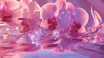  a group of pink flowers floating on top of a body of water with drops of water on the bottom of the petals.