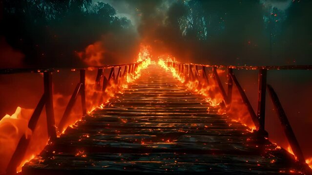 Wooden bridge engulfed in flames at night, concept of danger and destruction, emergency situation, no people