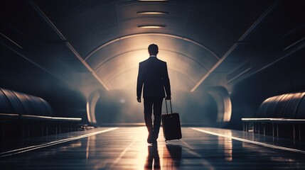 A businessman in a suit walking with a briefcase in a well-lit, modern hallway
